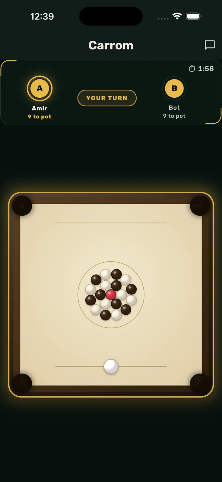 The Carrom board in BoardVerse: a cream playing bed inside a dark wooden rail, the men packed into a rosette at the centre, and the white striker waiting on the baseline.
