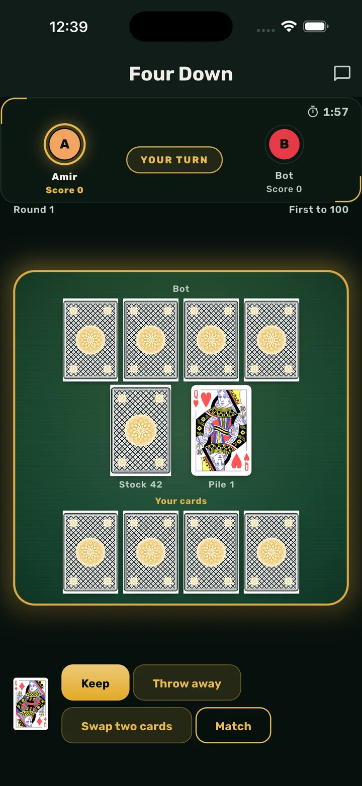 The Four Down board in BoardVerse: four cards face down in front of each player, with the stock and the discard pile between them.